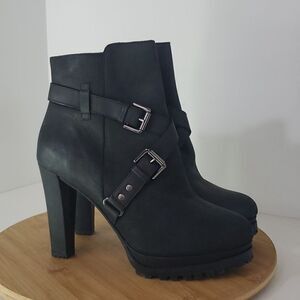 All Saints Aden Black Leather Ankle Heeled Boots Buckle Detail Women's EU 40
